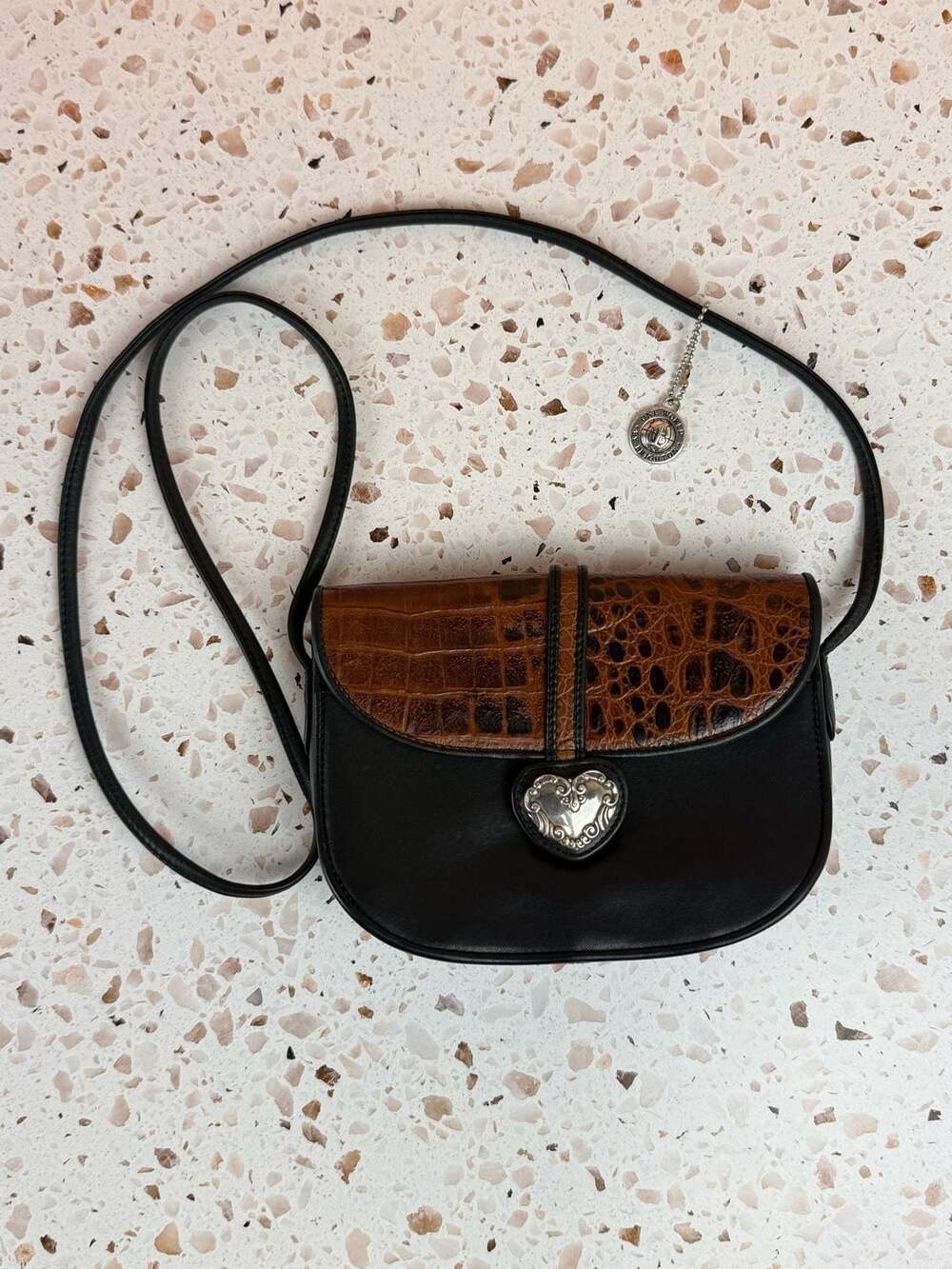 Brighton One World Crossbody Bag Brown Black Croc Embossed Heart